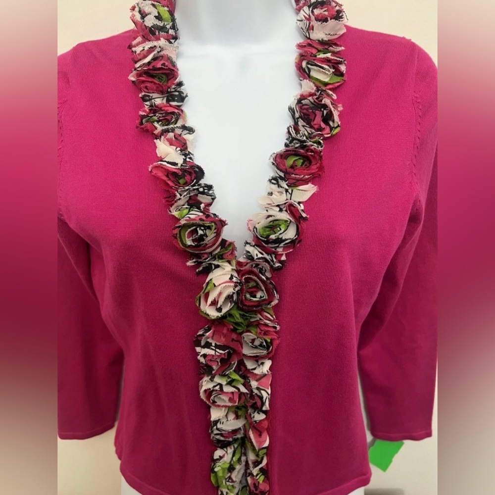 RED Bright Pink V-Neck Sweater with Rosette Trim